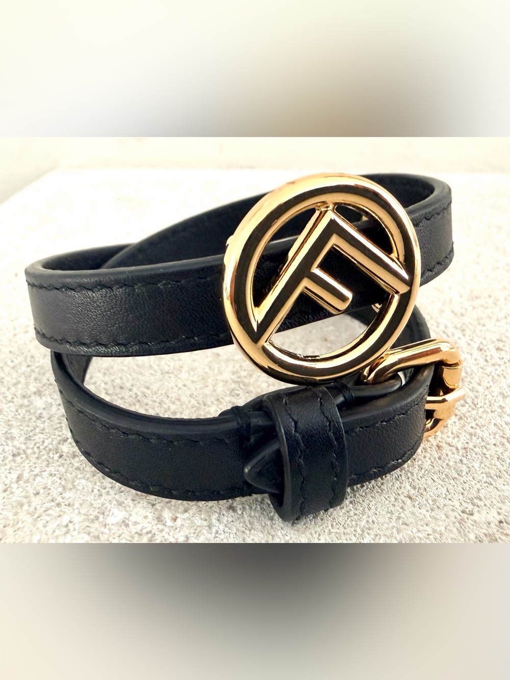 FENDI F IS FENDI FF Logo Black Leather Double Wrap Bracelet Gold SizeMedium